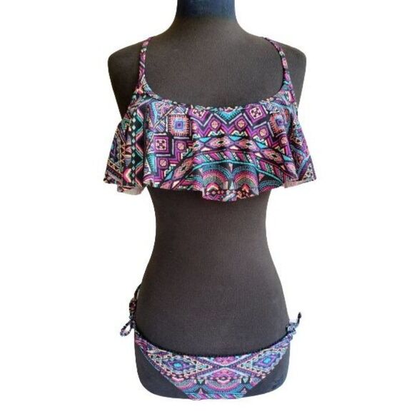 Women's Bikini Set Two Piece Swimwear Flutter Top Criss Cross Bathing Suit NEW - Picture 1 of 9